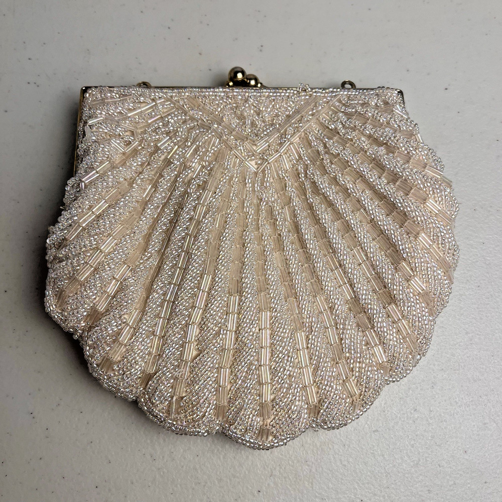 Cream Beaded Kiss Lock Clutch Evening Bag Vintage Retro Mid Century Handbag
